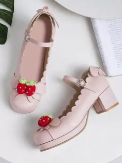 Sweet Lolita Footwear Strawberry Leather Chunky Heel Lolita Shoes