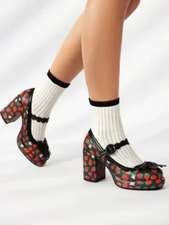 Sweet Lolita Footwear White Bows Applique PU Leather Chunky Heel Lolita Pumps