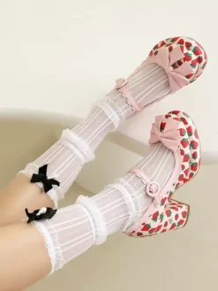 Sweet Lolita Footwear White Bows Applique PU Leather Chunky Heel Lolita Pumps