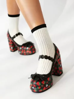 Sweet Lolita Footwear White Bows Applique PU Leather Chunky Heel Lolita Pumps