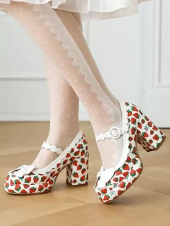 Sweet Lolita Footwear White Bows Applique PU Leather Chunky Heel Lolita Pumps