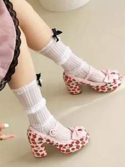 Sweet Lolita Footwear White Bows Applique PU Leather Chunky Heel Lolita Pumps
