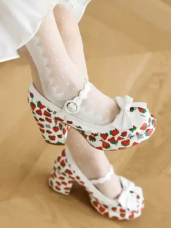 Sweet Lolita Footwear White Bows Applique PU Leather Chunky Heel Lolita Pumps