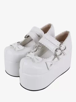 Sweet Lolita Footwear White Bows Round Toe PU Leather Lolita Pumps