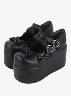 Sweet Lolita Footwear White Bows Round Toe PU Leather Lolita Pumps