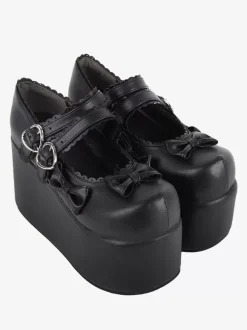 Sweet Lolita Footwear White Bows Round Toe PU Leather Lolita Pumps