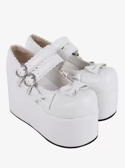 Sweet Lolita Footwear White Bows Round Toe PU Leather Lolita Pumps