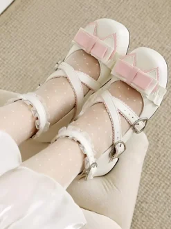 Sweet Lolita Footwear White Bows Ruffles PU Leather Chunky Heel Lolita Shoes