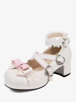 Sweet Lolita Footwear White Bows Ruffles PU Leather Chunky Heel Lolita Shoes