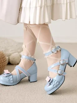 Sweet Lolita Footwear White Bows Ruffles PU Leather Chunky Heel Lolita Shoes