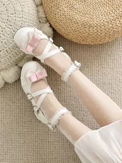 Sweet Lolita Footwear White Bows Ruffles PU Leather Chunky Heel Lolita Shoes