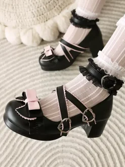 Sweet Lolita Footwear White Bows Ruffles PU Leather Chunky Heel Lolita Shoes