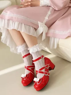 Sweet Lolita Footwear White Bows Ruffles PU Leather Chunky Heel Lolita Shoes