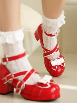 Sweet Lolita Footwear White Bows Ruffles PU Leather Chunky Heel Lolita Shoes