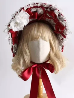 Sweet Lolita Hat Red Flowers Bows Lace Accessory Polyester Lolita Accessories