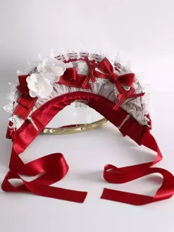 Sweet Lolita Hat Red Flowers Bows Lace Accessory Polyester Lolita Accessories