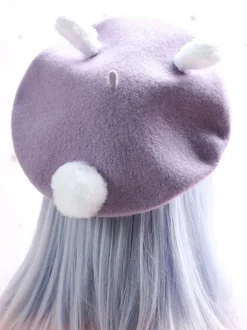 Sweet Lolita Hat Wool Pom Pom Bunny Ear Lolita Beret