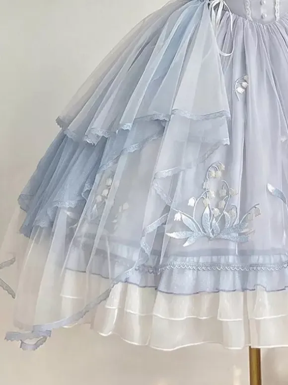 Sweet Lolita JSK Dresses Light Sky Blue Ruffles Bows Embroidery Sleevele Lolita Dress