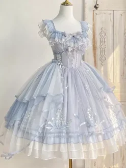 Sweet Lolita JSK Dresses Light Sky Blue Ruffles Bows Embroidery Sleevele Lolita Dress