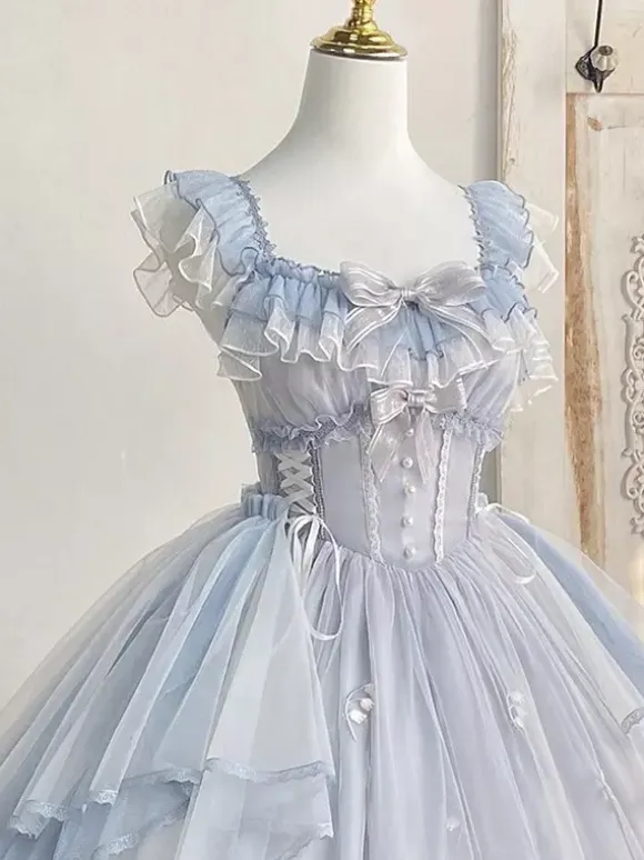 Sweet Lolita JSK Dresses Light Sky Blue Ruffles Bows Embroidery Sleevele Lolita Dress