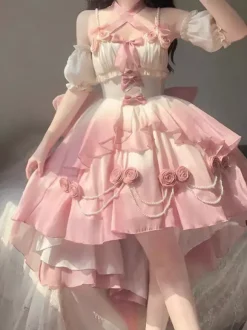 Sweet Lolita JSK Dress Flowers Bows Halter Neck Hem Front Cut-Out Train Dress