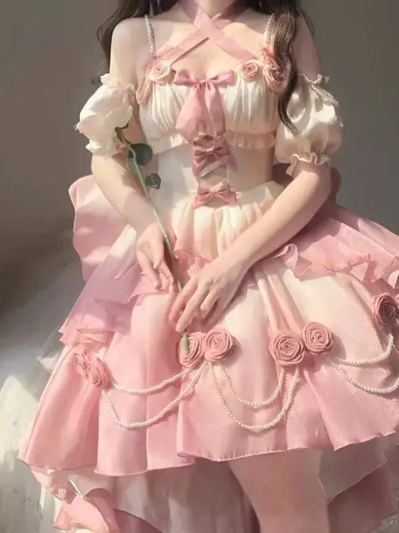 Sweet Lolita JSK Dress Flowers Bows Halter Neck Hem Front Cut-Out Train Dress