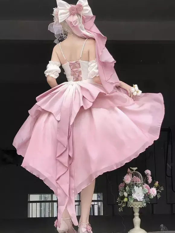 Sweet Lolita JSK Dress Flowers Bows Halter Neck Hem Front Cut-Out Train Dress