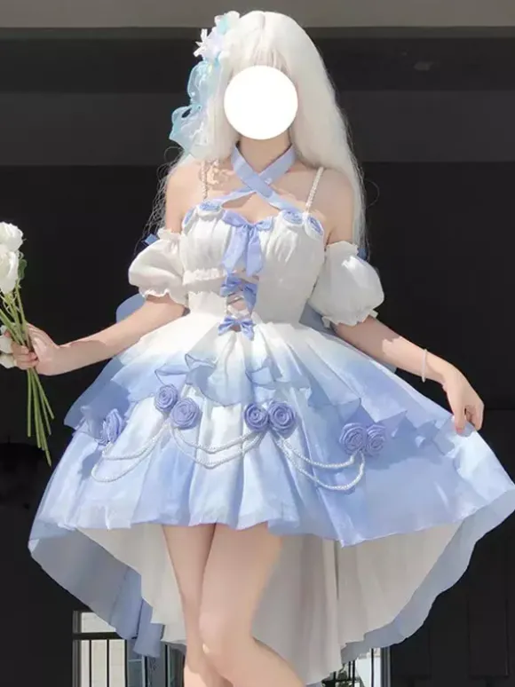 Sweet Lolita JSK Dress Flowers Bows Halter Neck Hem Front Cut-Out Train Dress
