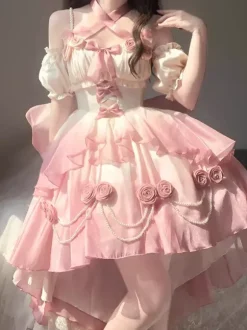 Sweet Lolita JSK Dress Flowers Bows Halter Neck Hem Front Cut-Out Train Dress