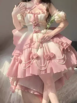 Sweet Lolita JSK Dress Flowers Bows Halter Neck Hem Front Cut-Out Train Dress