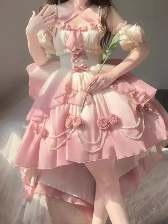 Sweet Lolita JSK Dress Flowers Bows Halter Neck Hem Front Cut-Out Train Dress