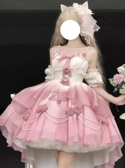 Sweet Lolita JSK Dress Flowers Bows Halter Neck Hem Front Cut-Out Train Dress
