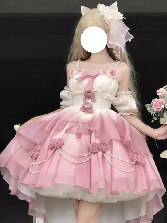 Sweet Lolita JSK Dress Flowers Bows Halter Neck Hem Front Cut-Out Train Dress