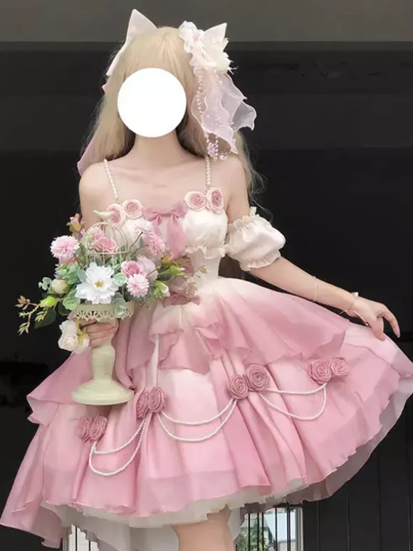 Sweet Lolita JSK Dress Flowers Bows Halter Neck Hem Front Cut-Out Train Dress