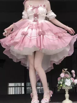 Sweet Lolita JSK Dress Flowers Bows Halter Neck Hem Front Cut-Out Train Dress