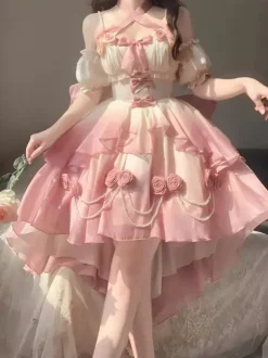 Sweet Lolita JSK Dress Flowers Bows Halter Neck Hem Front Cut-Out Train Dress