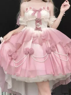 Sweet Lolita JSK Dress Flowers Bows Halter Neck Hem Front Cut-Out Train Dress