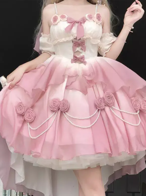 Sweet Lolita JSK Dress Flowers Bows Halter Neck Hem Front Cut-Out Train Dress