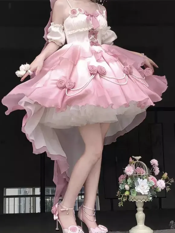 Sweet Lolita JSK Dress Flowers Bows Halter Neck Hem Front Cut-Out Train Dress