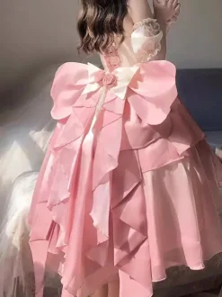 Sweet Lolita JSK Dress Flowers Bows Halter Neck Hem Front Cut-Out Train Dress