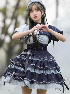 Sweet Lolita JSK Dress 2-Piece Set Blue Navy Two Tone Pattern Ruffles Jumper Skirt Overcoat Idol Lolita Dress