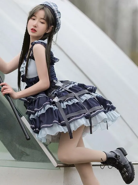 Sweet Lolita JSK Dress 2-Piece Set Blue Navy Two Tone Pattern Ruffles Jumper Skirt Overcoat Idol Lolita Dress