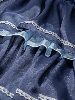 Sweet Lolita JSK Dress 2-Piece Set Blue Navy Two Tone Pattern Ruffles Jumper Skirt Overcoat Idol Lolita Dress