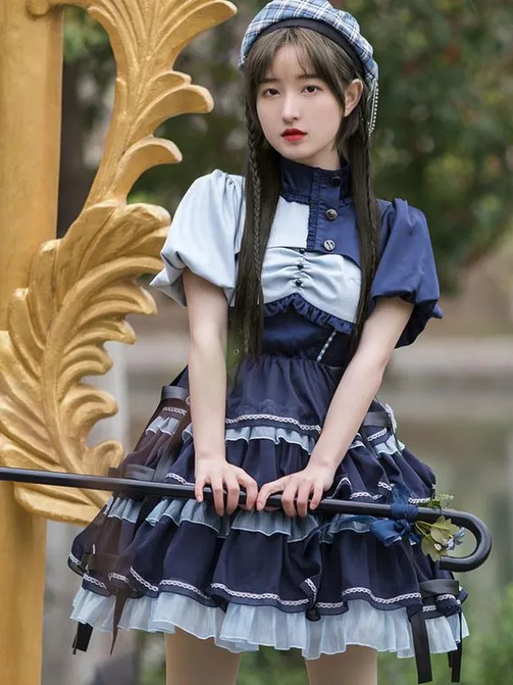 Sweet Lolita JSK Dress 2-Piece Set Blue Navy Two Tone Pattern Ruffles Jumper Skirt Overcoat Idol Lolita Dress
