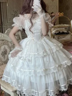 Sweet Lolita JSK Dress Polyester Lace Bow White Lolita Jumper Skirt With Sleeves