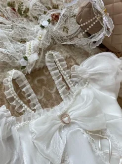 Sweet Lolita JSK Dress Polyester Lace Bow White Lolita Jumper Skirt With Sleeves