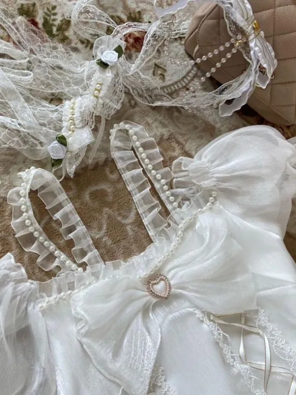 Sweet Lolita JSK Dress Polyester Lace Bow White Lolita Jumper Skirt With Sleeves