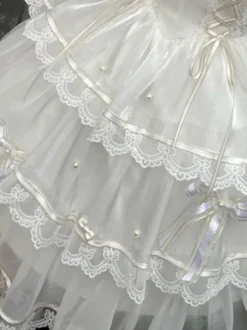 Sweet Lolita JSK Dress Polyester Lace Bow White Lolita Jumper Skirt With Sleeves