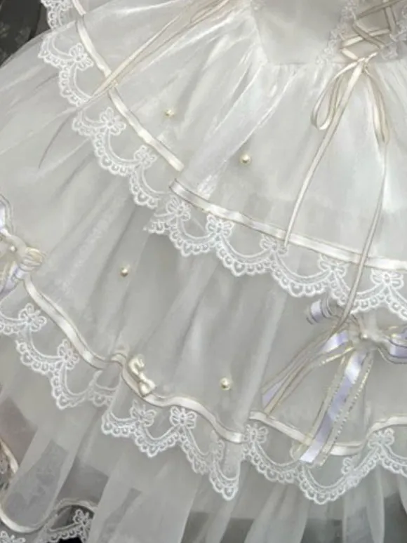 Sweet Lolita JSK Dress Polyester Lace Bow White Lolita Jumper Skirt With Sleeves