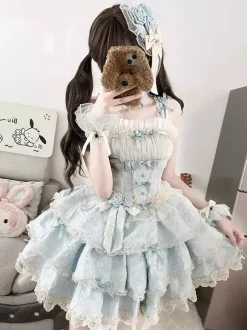 Sweet Lolita JSK Dress Ruffles Flower Short Light Sky Blue Lolita Dress